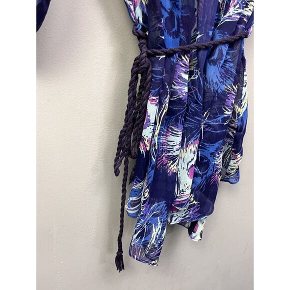 Aqua Tie front semi sheer Blouse Womens Small Blue Purple Floral Cover up - Picture 5 of 6